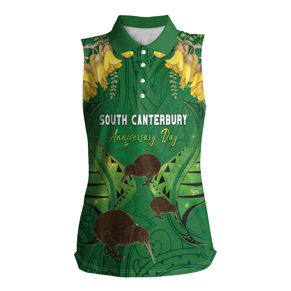 Personalised South Canterbury Anniversary Day Women Sleeveless Polo Shirt Kiwi Kowhai Silver Fern Maori Pattern LT22 Female Green - Polynesian Pride