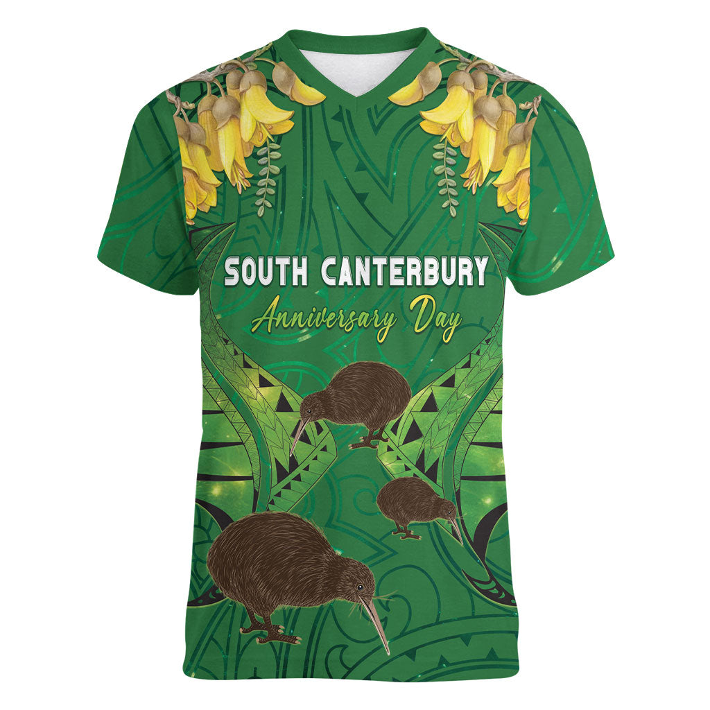 Personalised South Canterbury Anniversary Day Women V-Neck T-Shirt Kiwi Kowhai Silver Fern Maori Pattern LT22 Female Green - Polynesian Pride