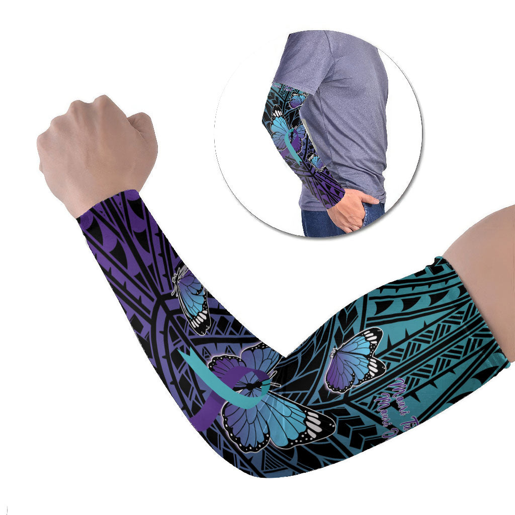 Personalised New Zealand Suicide Prevention Month Arm Sleeves Maori Mauri Tu Mauri Ora Polynesian Pattern LT22 Set of 2 Teal - Polynesian Pride