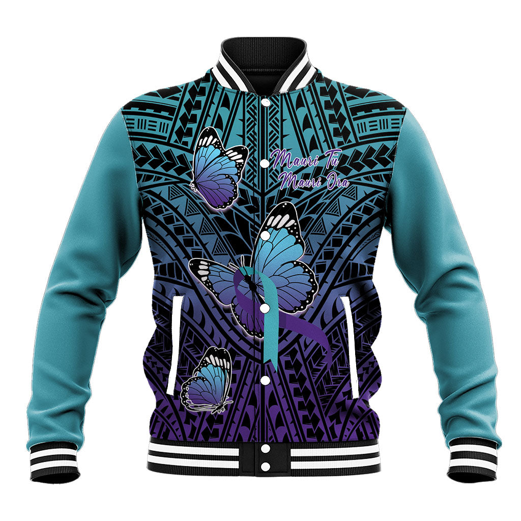 Personalised New Zealand Suicide Prevention Month Baseball Jacket Maori Mauri Tu Mauri Ora Polynesian Pattern LT22 Unisex Teal - Polynesian Pride