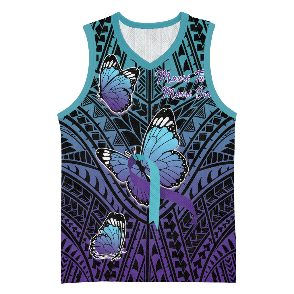Personalised New Zealand Suicide Prevention Month Basketball Jersey Maori Mauri Tu Mauri Ora Polynesian Pattern LT22 Unisex Teal - Polynesian Pride