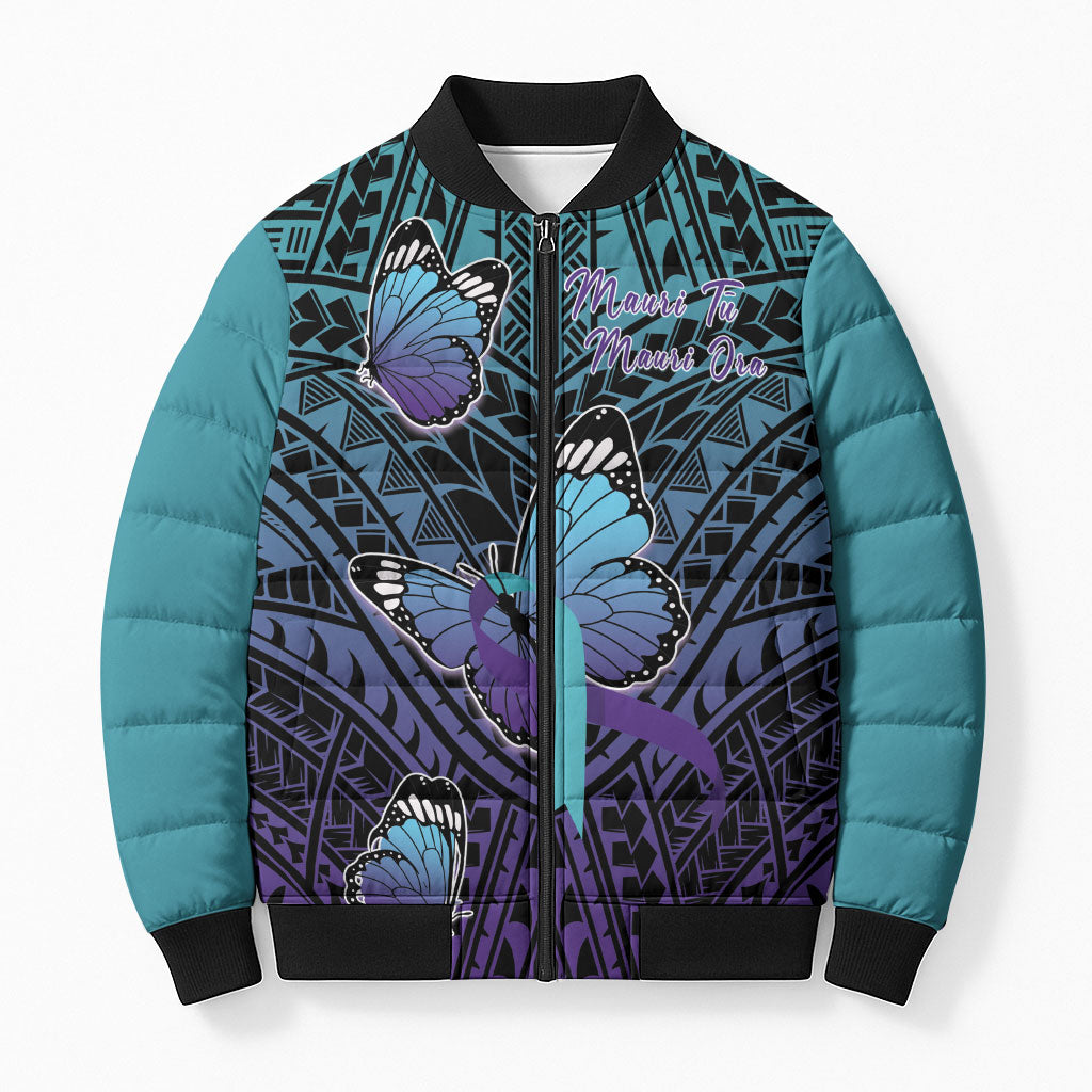 Personalised New Zealand Suicide Prevention Month Bomber Puffer Jacket Maori Mauri Tu Mauri Ora Polynesian Pattern LT22 Unisex Teal - Polynesian Pride