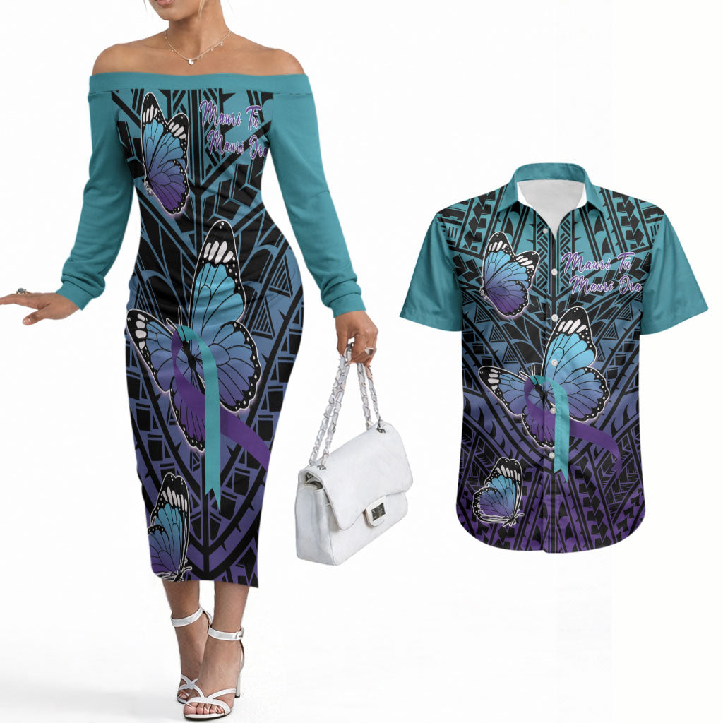 Personalised New Zealand Suicide Prevention Month Couples Matching Off The Shoulder Long Sleeve Dress and Hawaiian Shirt Maori Mauri Tu Mauri Ora Polynesian Pattern LT22 Teal - Polynesian Pride