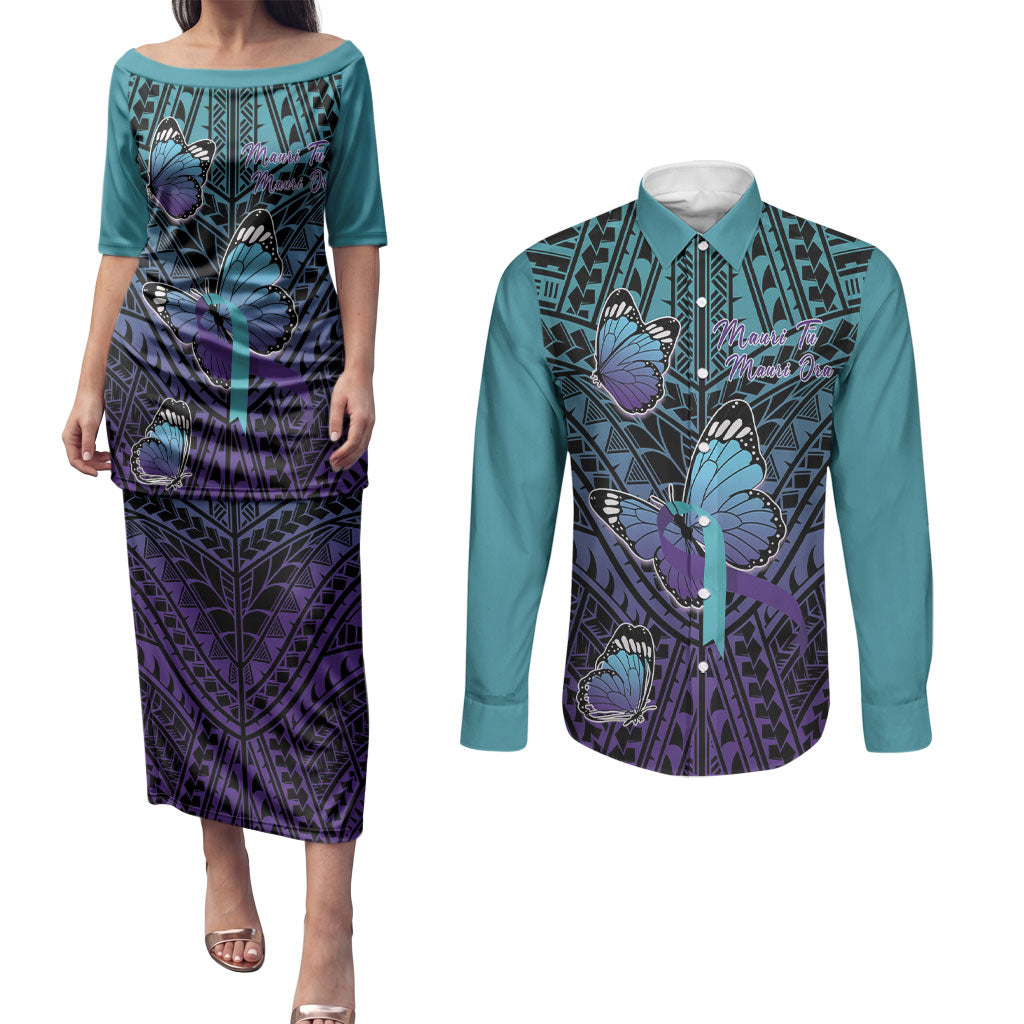 Personalised New Zealand Suicide Prevention Month Couples Matching Puletasi and Long Sleeve Button Shirt Maori Mauri Tu Mauri Ora Polynesian Pattern LT22 Teal - Polynesian Pride