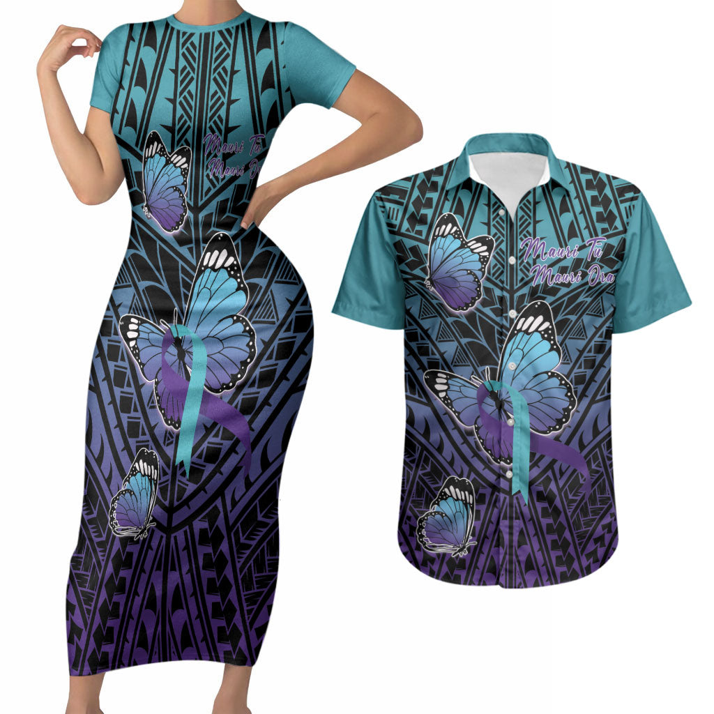 Personalised New Zealand Suicide Prevention Month Couples Matching Short Sleeve Bodycon Dress and Hawaiian Shirt Maori Mauri Tu Mauri Ora Polynesian Pattern LT22 Teal - Polynesian Pride