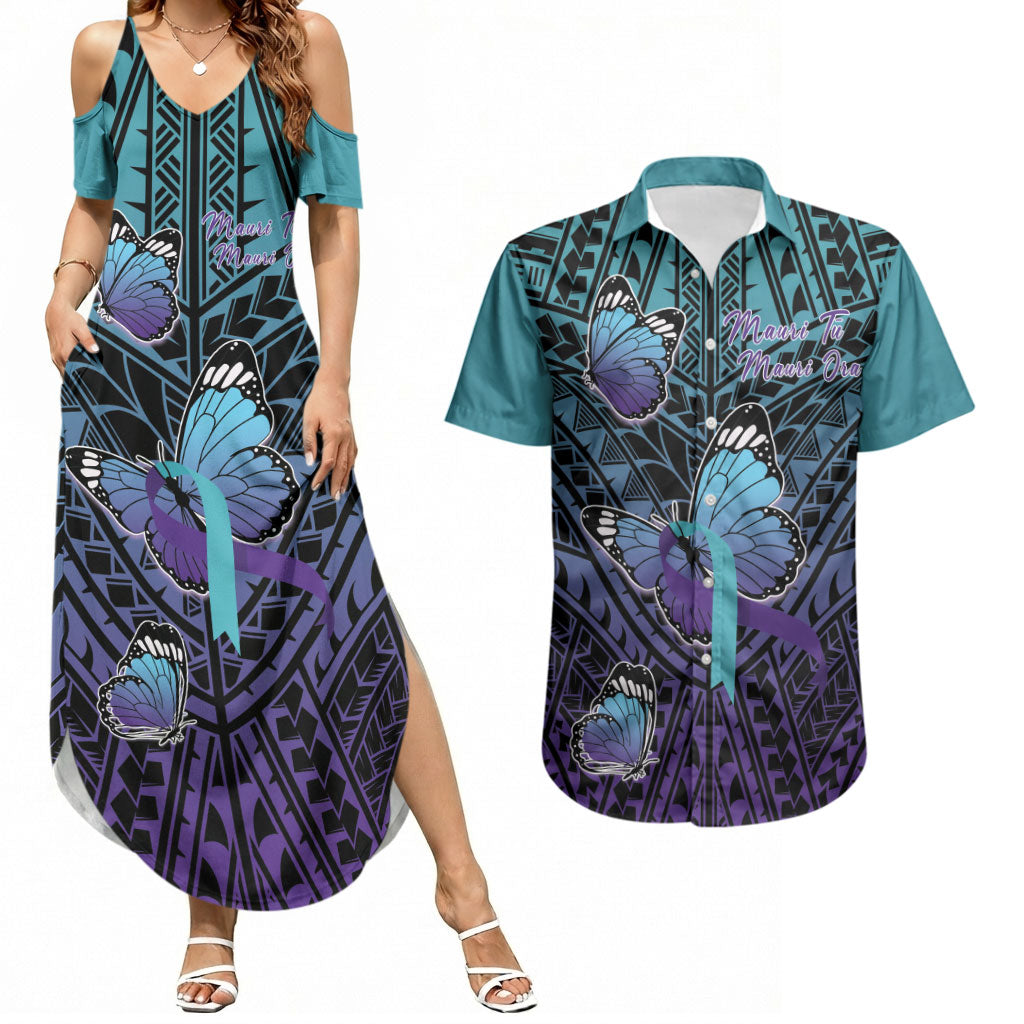 Personalised New Zealand Suicide Prevention Month Couples Matching Summer Maxi Dress and Hawaiian Shirt Maori Mauri Tu Mauri Ora Polynesian Pattern LT22 Teal - Polynesian Pride