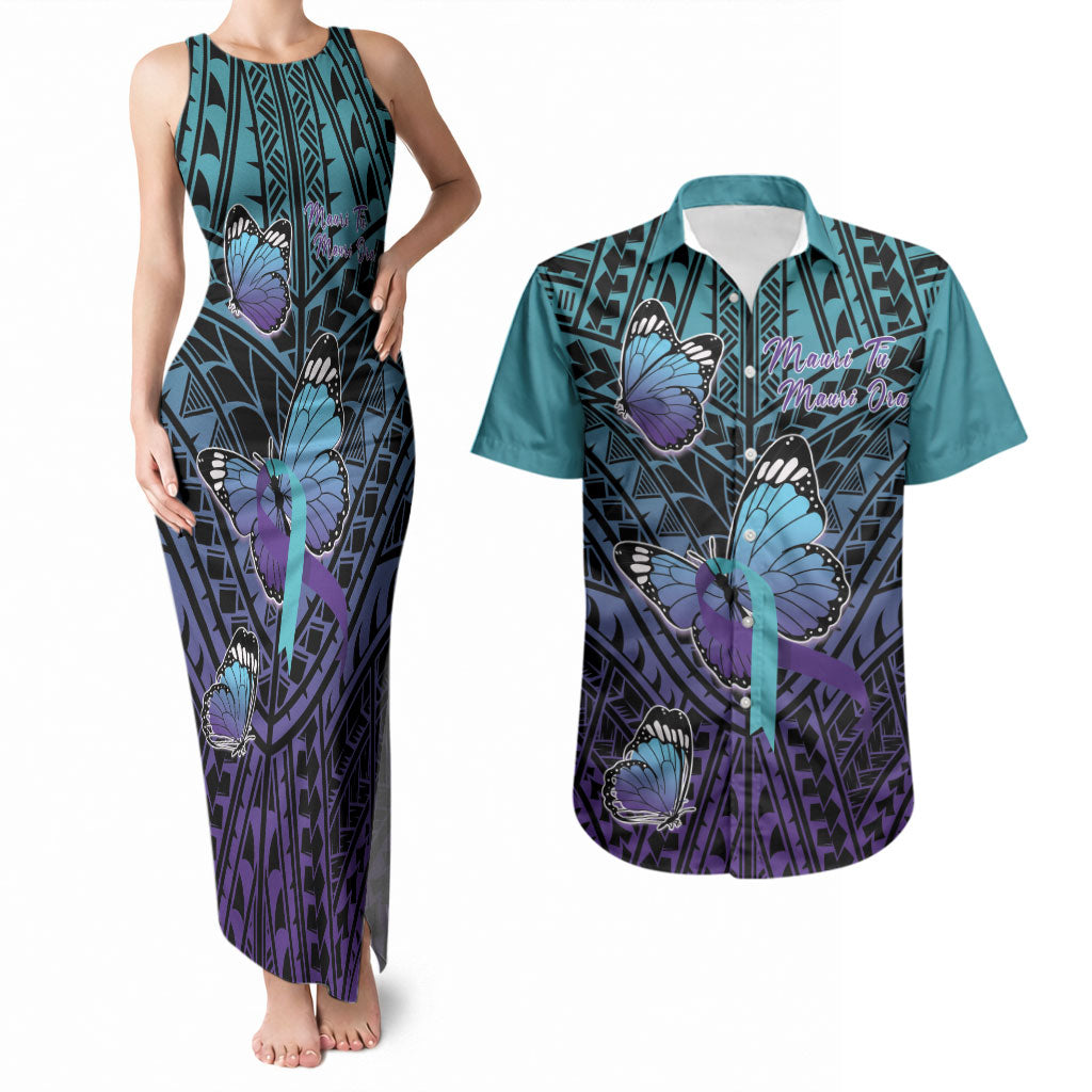 Personalised New Zealand Suicide Prevention Month Couples Matching Tank Maxi Dress and Hawaiian Shirt Maori Mauri Tu Mauri Ora Polynesian Pattern LT22 Teal - Polynesian Pride