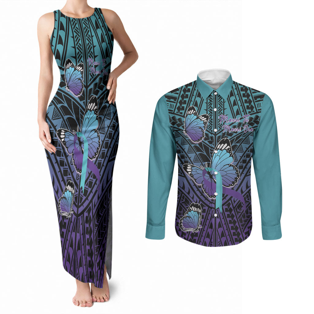 Personalised New Zealand Suicide Prevention Month Couples Matching Tank Maxi Dress and Long Sleeve Button Shirt Maori Mauri Tu Mauri Ora Polynesian Pattern LT22 Teal - Polynesian Pride