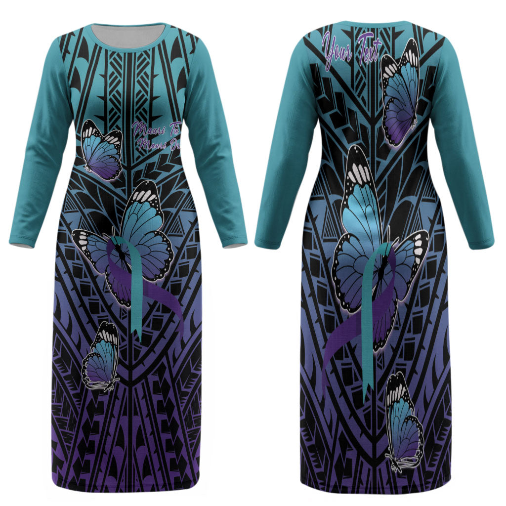Personalised New Zealand Suicide Prevention Month Family Matching Long Sleeve Bodycon Dress and Hawaiian Shirt Maori Mauri Tu Mauri Ora Polynesian Pattern LT22 Mom's Dress Teal - Polynesian Pride