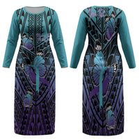 Personalised New Zealand Suicide Prevention Month Family Matching Long Sleeve Bodycon Dress and Hawaiian Shirt Maori Mauri Tu Mauri Ora Polynesian Pattern LT22 Mom's Dress Teal - Polynesian Pride
