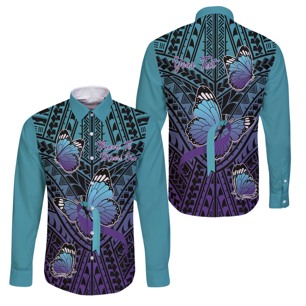 Personalised New Zealand Suicide Prevention Month Family Matching Long Sleeve Bodycon Dress and Hawaiian Shirt Maori Mauri Tu Mauri Ora Polynesian Pattern LT22 Dad's Shirt - Long Sleeve Teal - Polynesian Pride