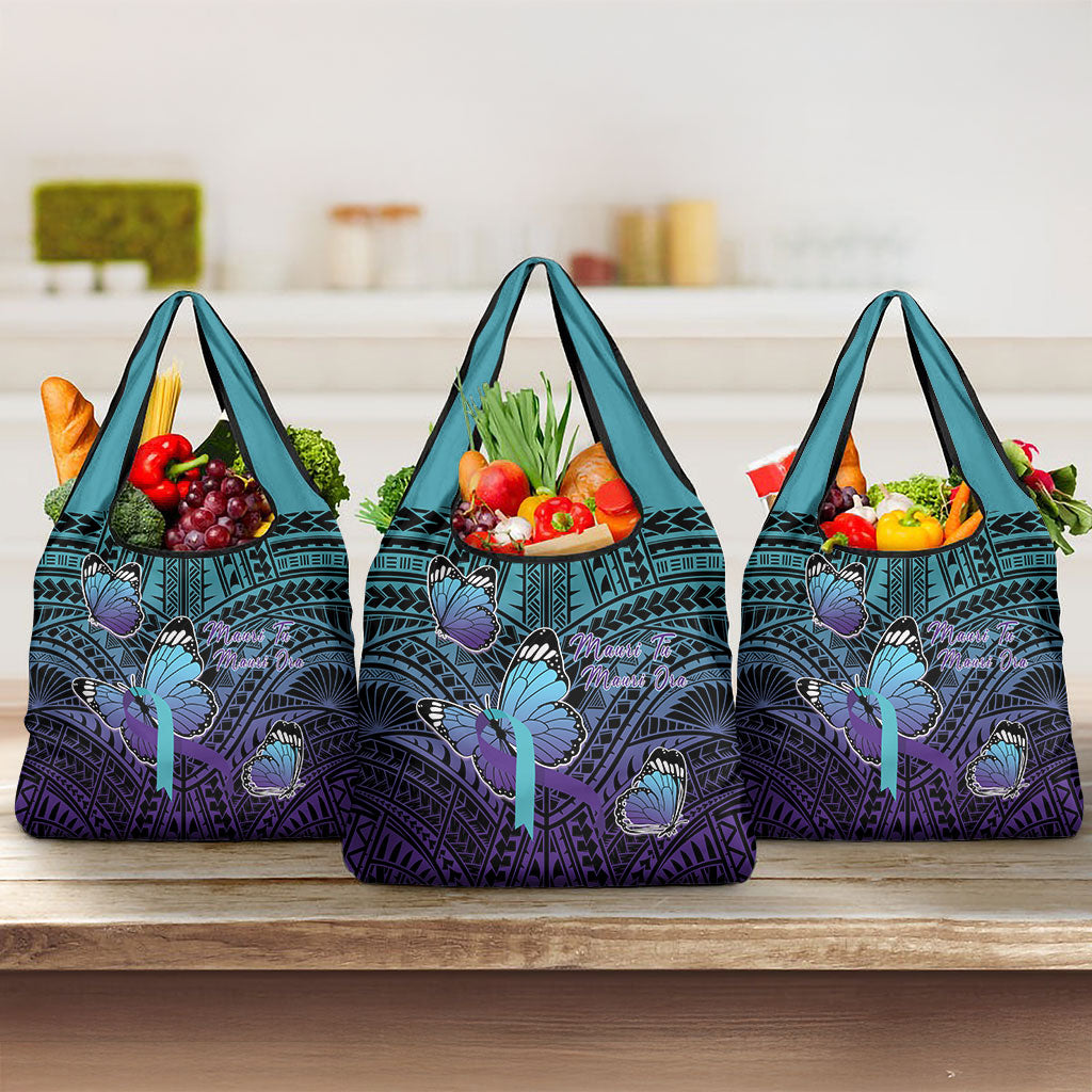 New Zealand Suicide Prevention Month Grocery Bag Maori Mauri Tu Mauri Ora Polynesian Pattern LT22 3-pack One Size Teal - Polynesian Pride