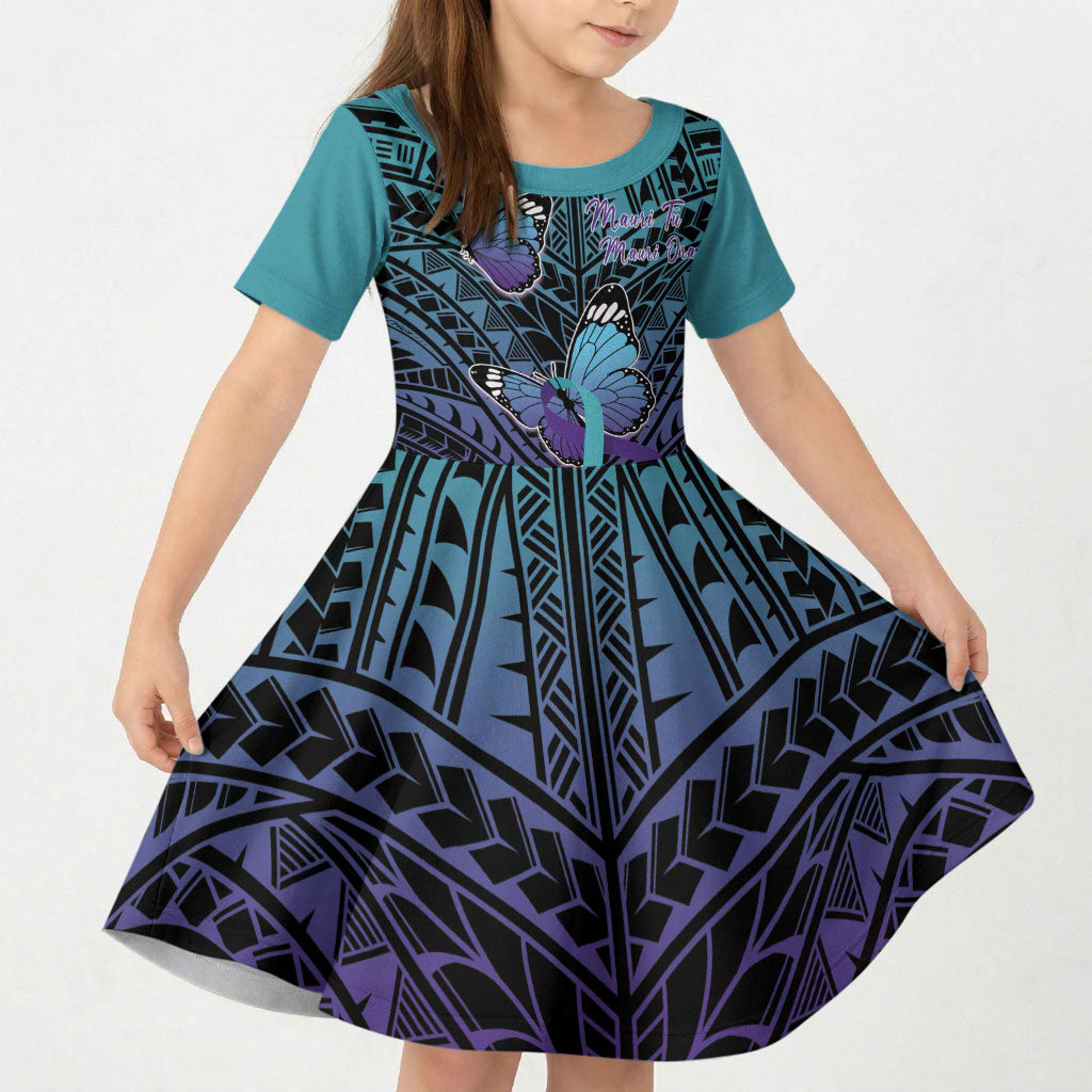 Personalised New Zealand Suicide Prevention Month Kid Short Sleeve Dress Maori Mauri Tu Mauri Ora Polynesian Pattern LT22 KID Teal - Polynesian Pride