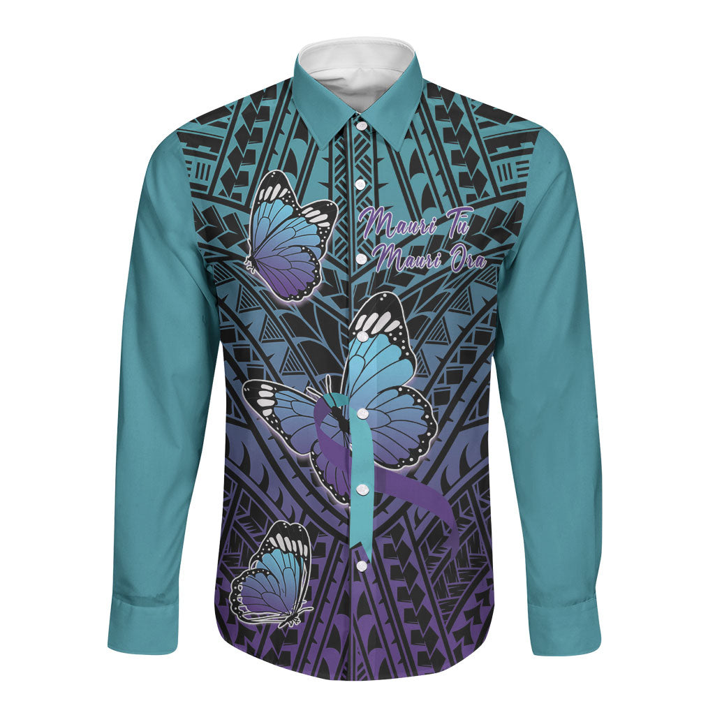 Personalised New Zealand Suicide Prevention Month Long Sleeve Button Shirt Maori Mauri Tu Mauri Ora Polynesian Pattern