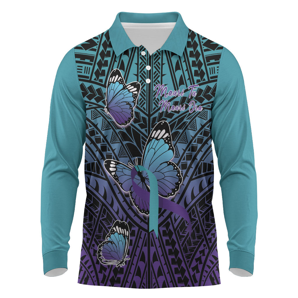 Personalised New Zealand Suicide Prevention Month Long Sleeve Polo Shirt Maori Mauri Tu Mauri Ora Polynesian Pattern