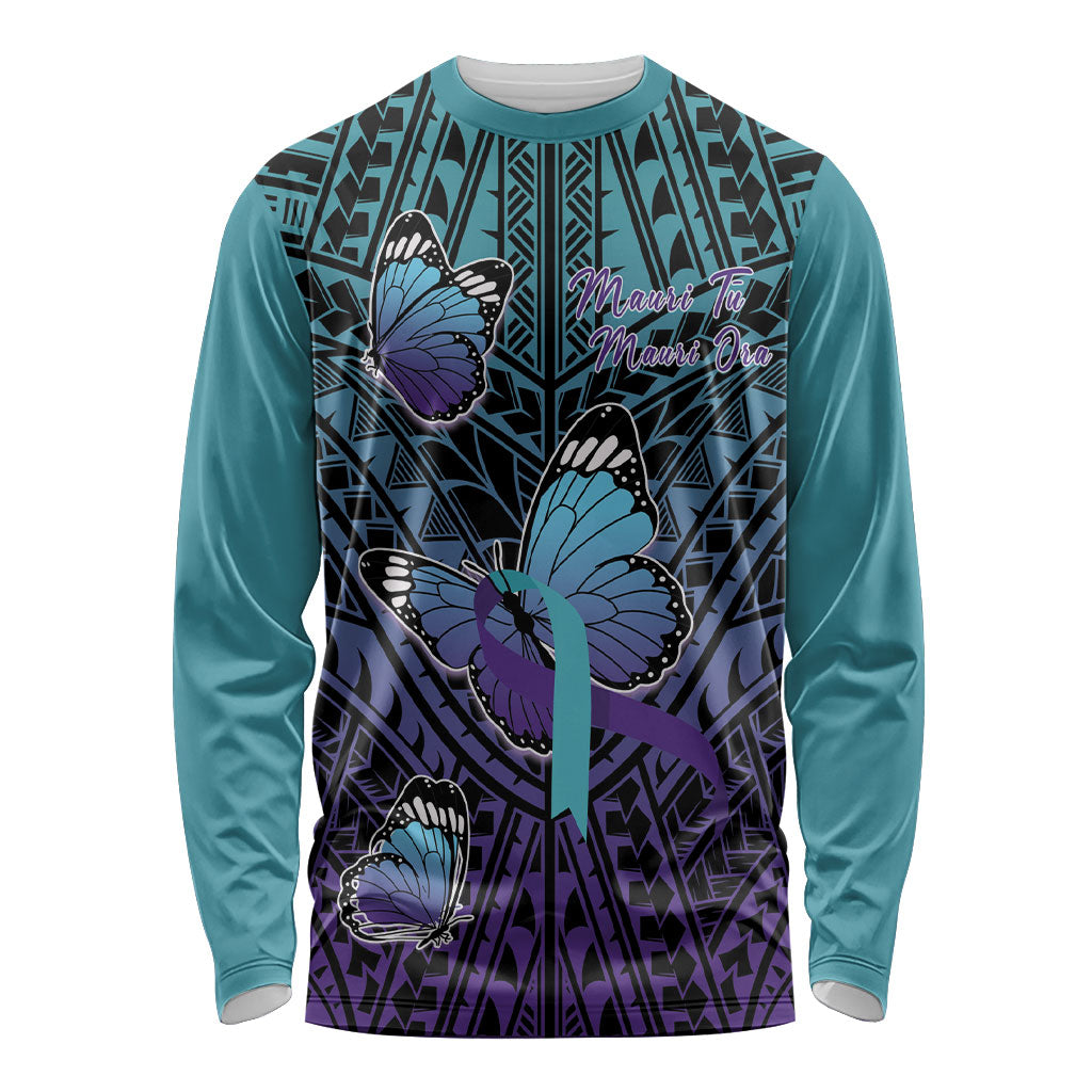 Personalised New Zealand Suicide Prevention Month Long Sleeve Shirt Maori Mauri Tu Mauri Ora Polynesian Pattern LT22 Unisex Teal - Polynesian Pride