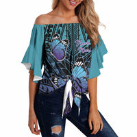 Personalised New Zealand Suicide Prevention Month Off Shoulder Wrap Waist Top Maori Mauri Tu Mauri Ora Polynesian Pattern LT22 Teal - Polynesian Pride