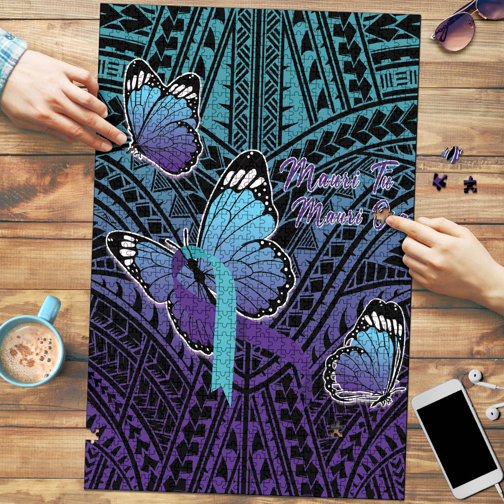 New Zealand Suicide Prevention Month Puzzle Maori Mauri Tu Mauri Ora Polynesian Pattern LT22 Teal - Polynesian Pride