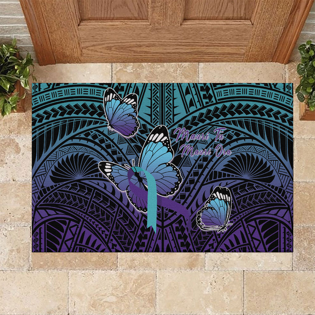 New Zealand Suicide Prevention Month Rubber Doormat Maori Mauri Tu Mauri Ora Polynesian Pattern LT22 Teal - Polynesian Pride
