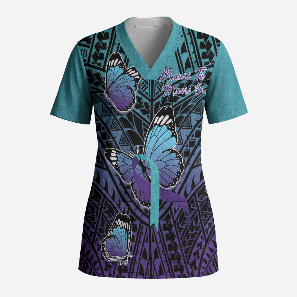 Personalised New Zealand Suicide Prevention Month Scrub Top Maori Mauri Tu Mauri Ora Polynesian Pattern