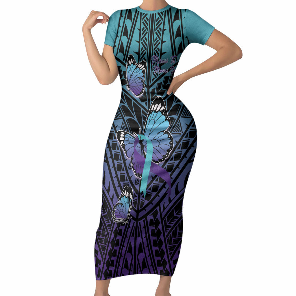 Personalised New Zealand Suicide Prevention Month Short Sleeve Bodycon Dress Maori Mauri Tu Mauri Ora Polynesian Pattern LT22 Long Dress Teal - Polynesian Pride