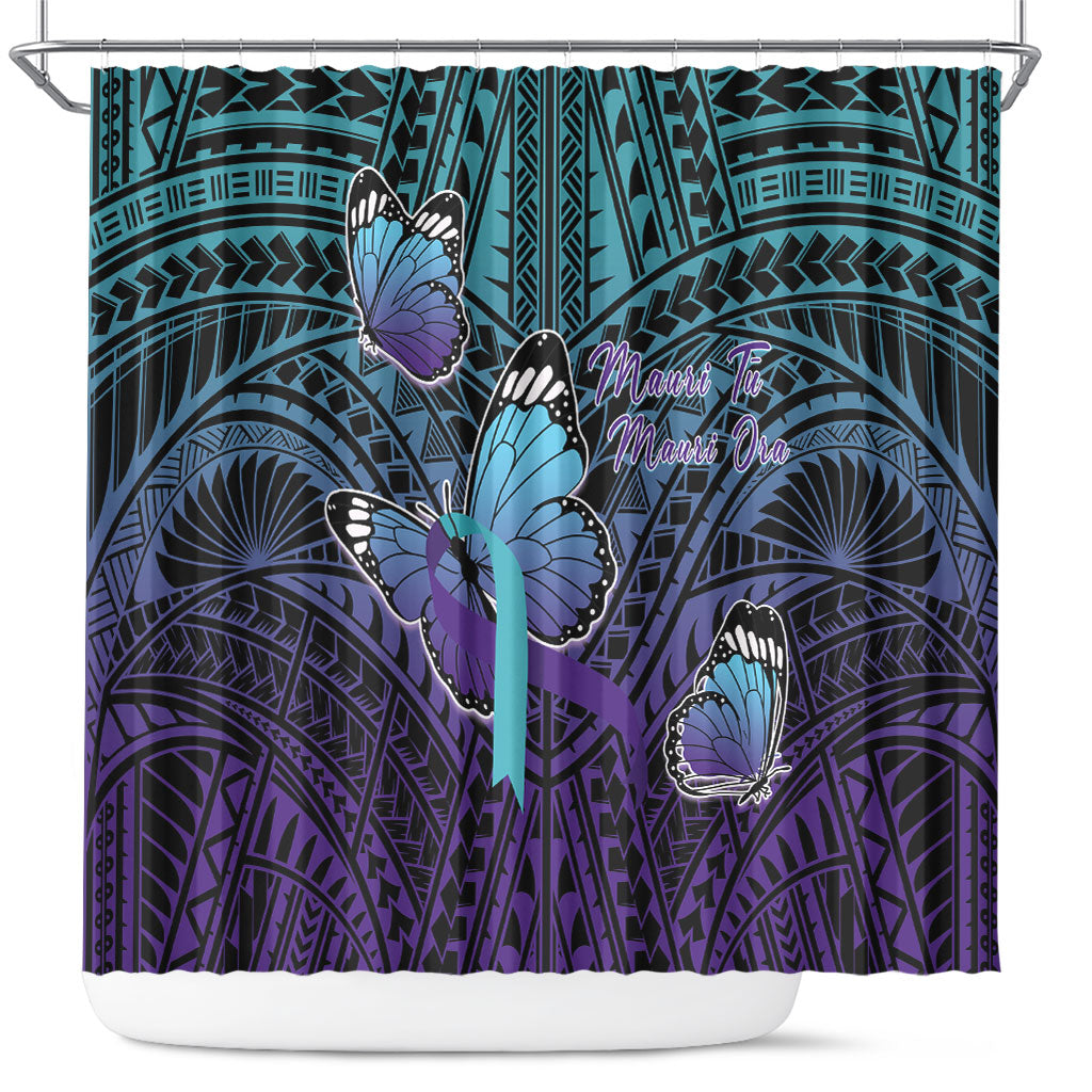New Zealand Suicide Prevention Month Shower Curtain Maori Mauri Tu Mauri Ora Polynesian Pattern LT22 Teal - Polynesian Pride