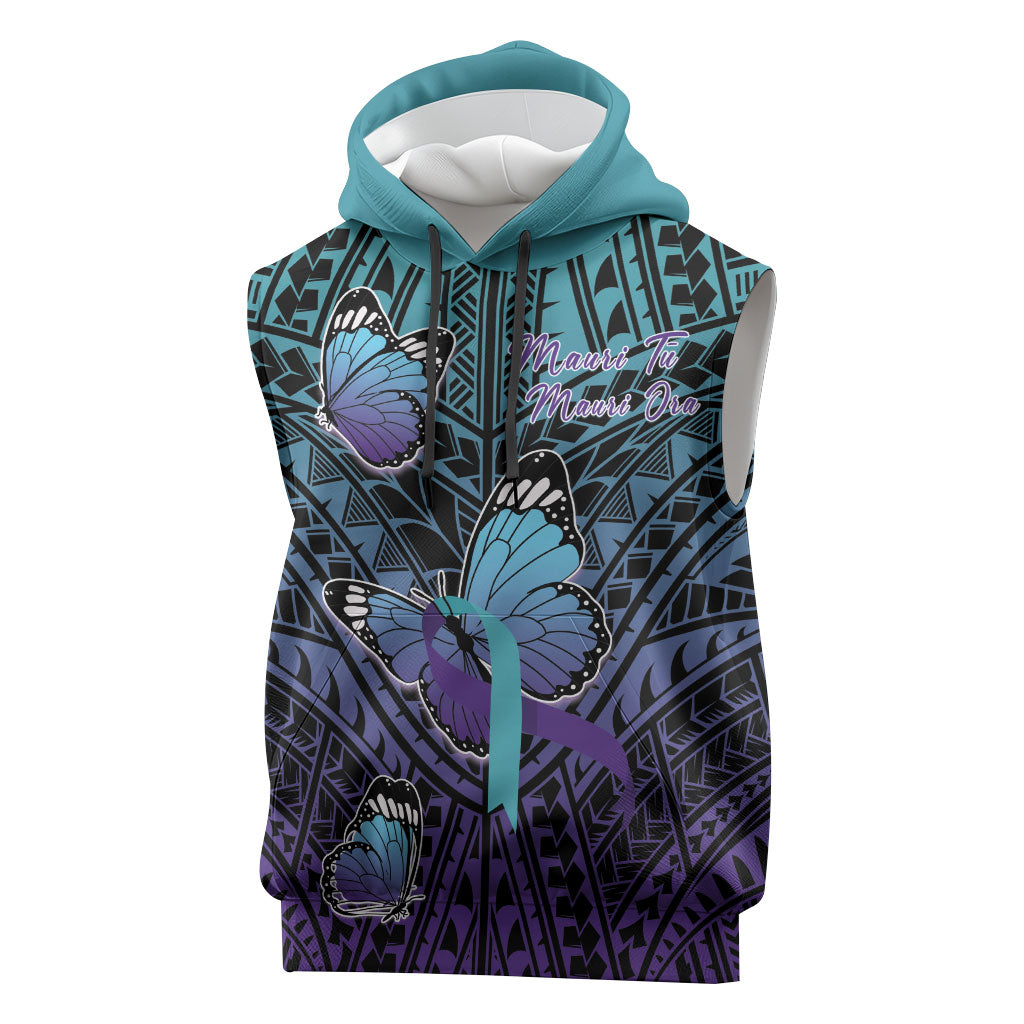 Personalised New Zealand Suicide Prevention Month Sleeveless Hoodie Maori Mauri Tu Mauri Ora Polynesian Pattern LT22 Teal - Polynesian Pride