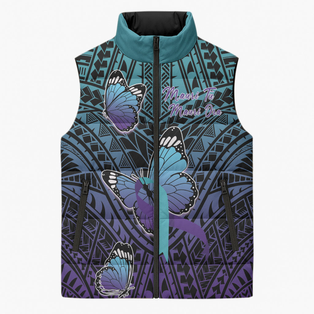 Personalised New Zealand Suicide Prevention Month Sleeveless Puffer Jacket Maori Mauri Tu Mauri Ora Polynesian Pattern LT22 Unisex Teal - Polynesian Pride