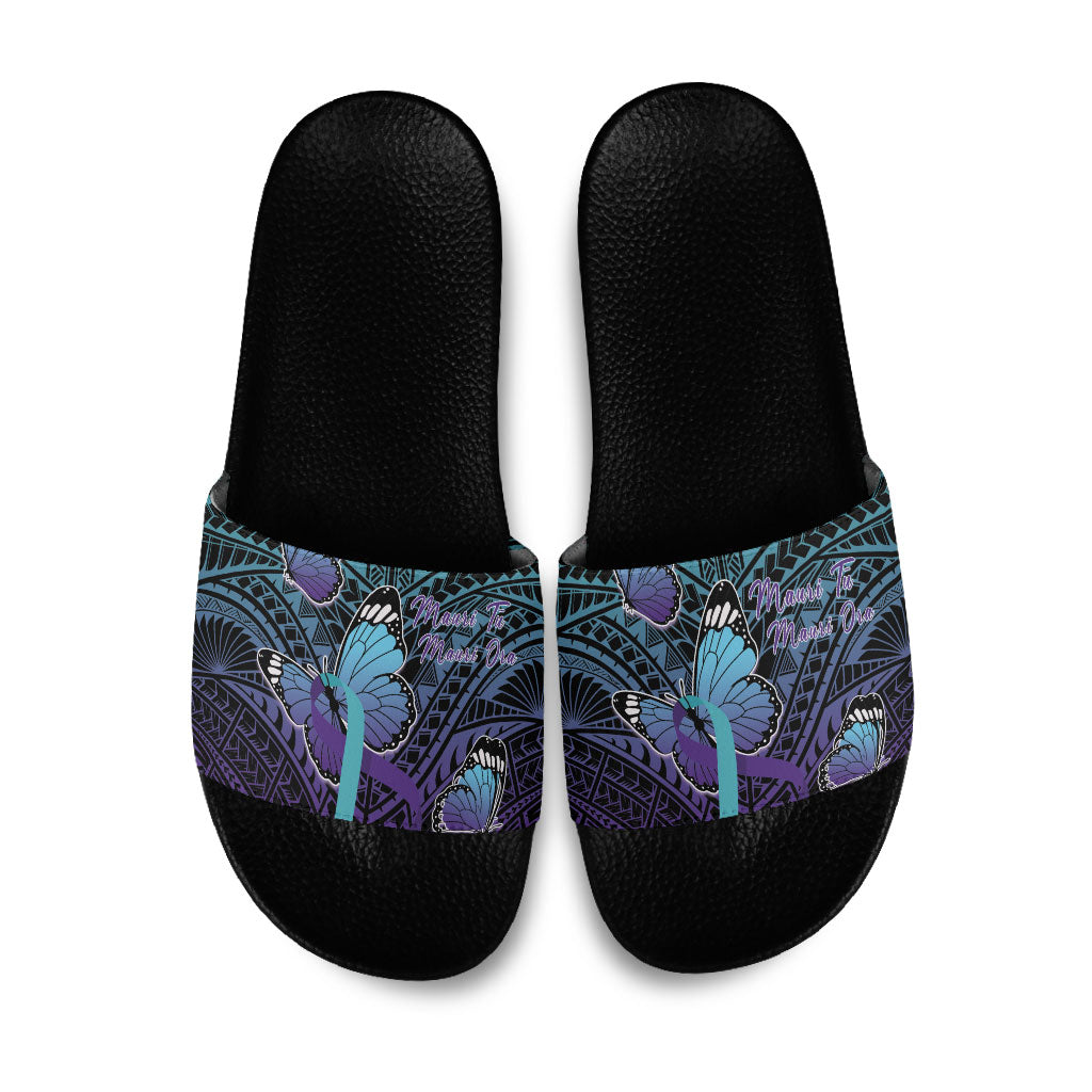 New Zealand Suicide Prevention Month Slide Sandals Maori Mauri Tu Mauri Ora Polynesian Pattern LT22 Teal - Polynesian Pride