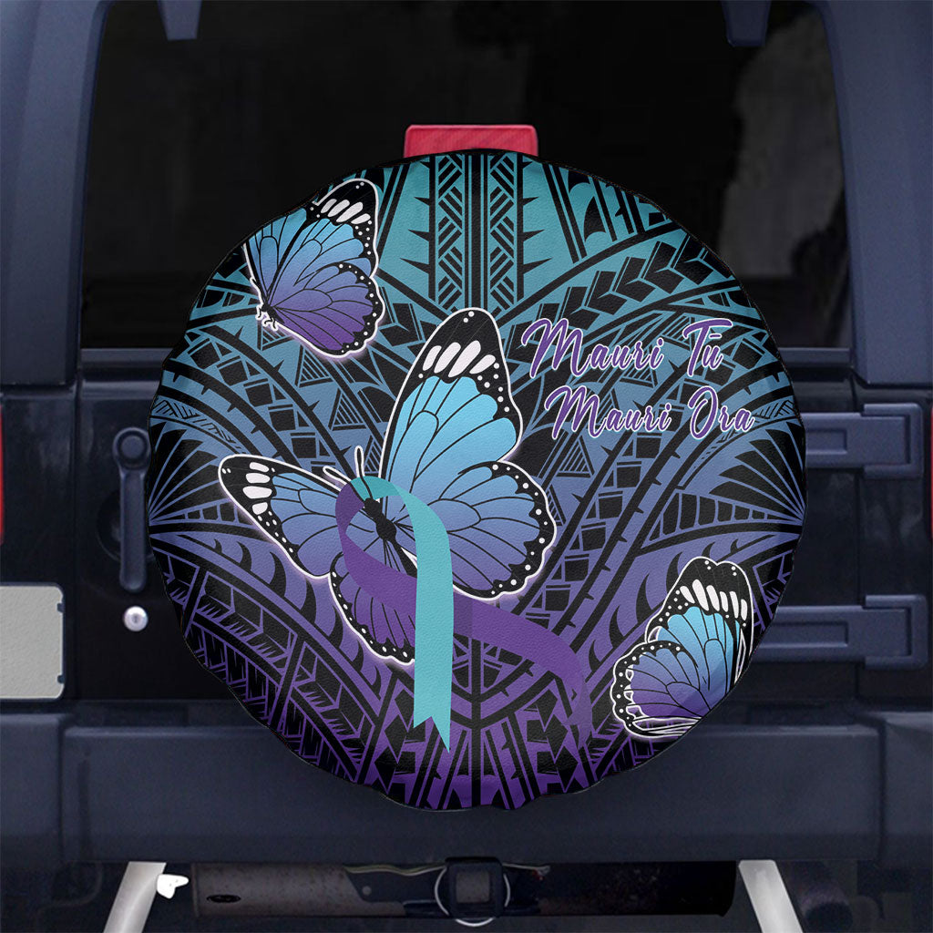 New Zealand Suicide Prevention Month Spare Tire Cover Maori Mauri Tu Mauri Ora Polynesian Pattern LT22 No hole Teal - Polynesian Pride