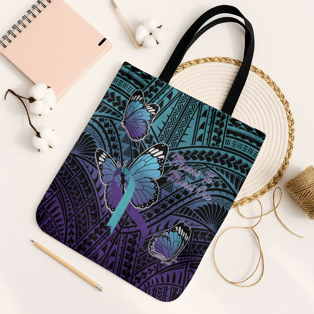 New Zealand Suicide Prevention Month Tote Bag Maori Mauri Tu Mauri Ora Polynesian Pattern LT22 Black Strap One Size Teal - Polynesian Pride