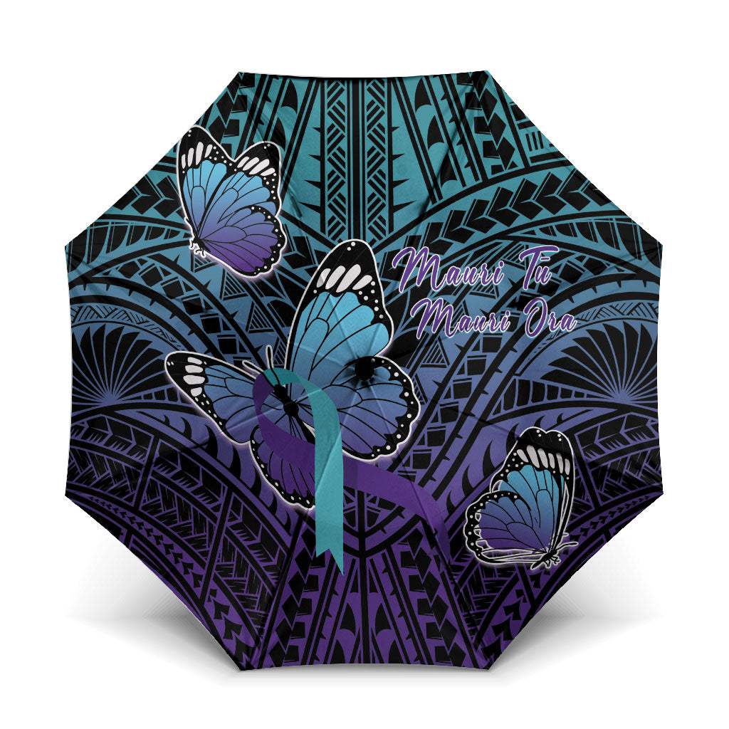 New Zealand Suicide Prevention Month Umbrella Maori Mauri Tu Mauri Ora Polynesian Pattern LT22 One Size Folded 11.42 inch Opened Diameter 37.4 inch Teal - Polynesian Pride