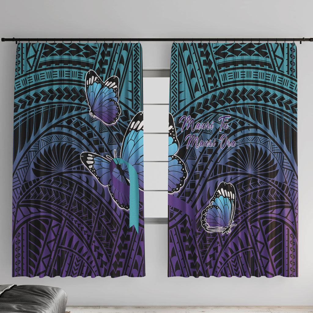 New Zealand Suicide Prevention Month Window Curtain Maori Mauri Tu Mauri Ora Polynesian Pattern LT22 With Hooks Teal - Polynesian Pride