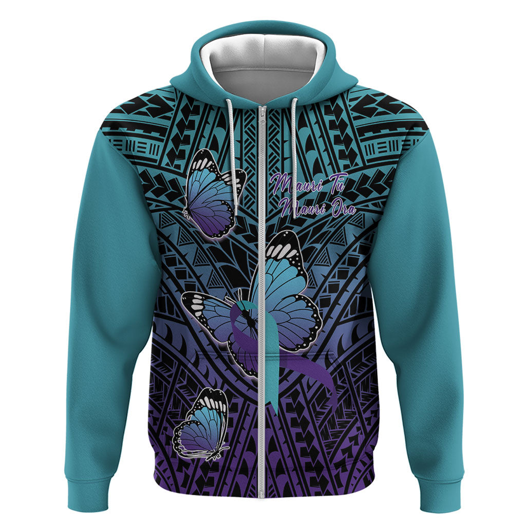 Personalised New Zealand Suicide Prevention Month Zip Hoodie Maori Mauri Tu Mauri Ora Polynesian Pattern LT22 Zip Hoodie Teal - Polynesian Pride
