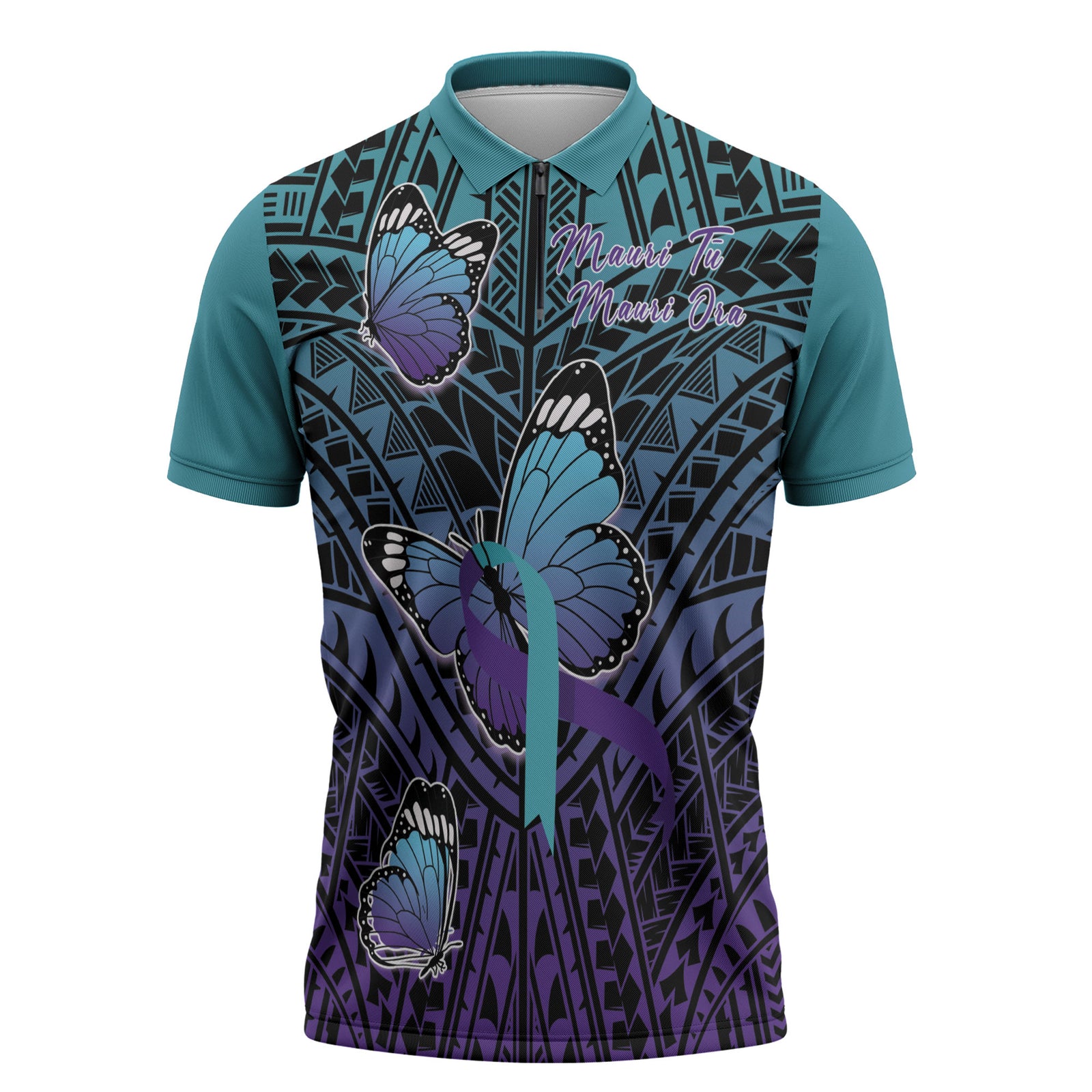 Personalised New Zealand Suicide Prevention Month Zipper Polo Shirt Maori Mauri Tu Mauri Ora Polynesian Pattern