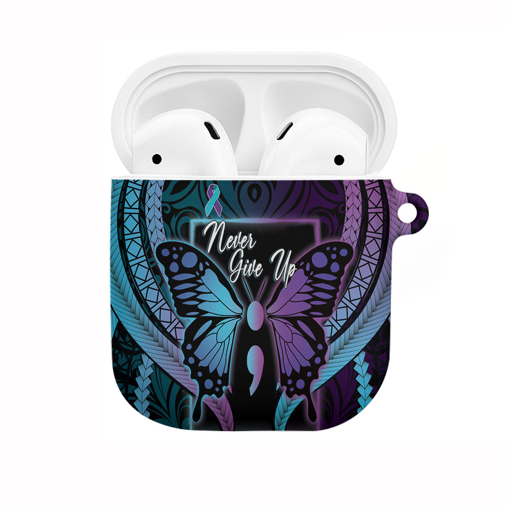 Polynesia Suicide Prevention Month AirPods Case Semicolon Butterfly Never Give Up Polynesian Pattern LT22 Teal - Polynesian Pride