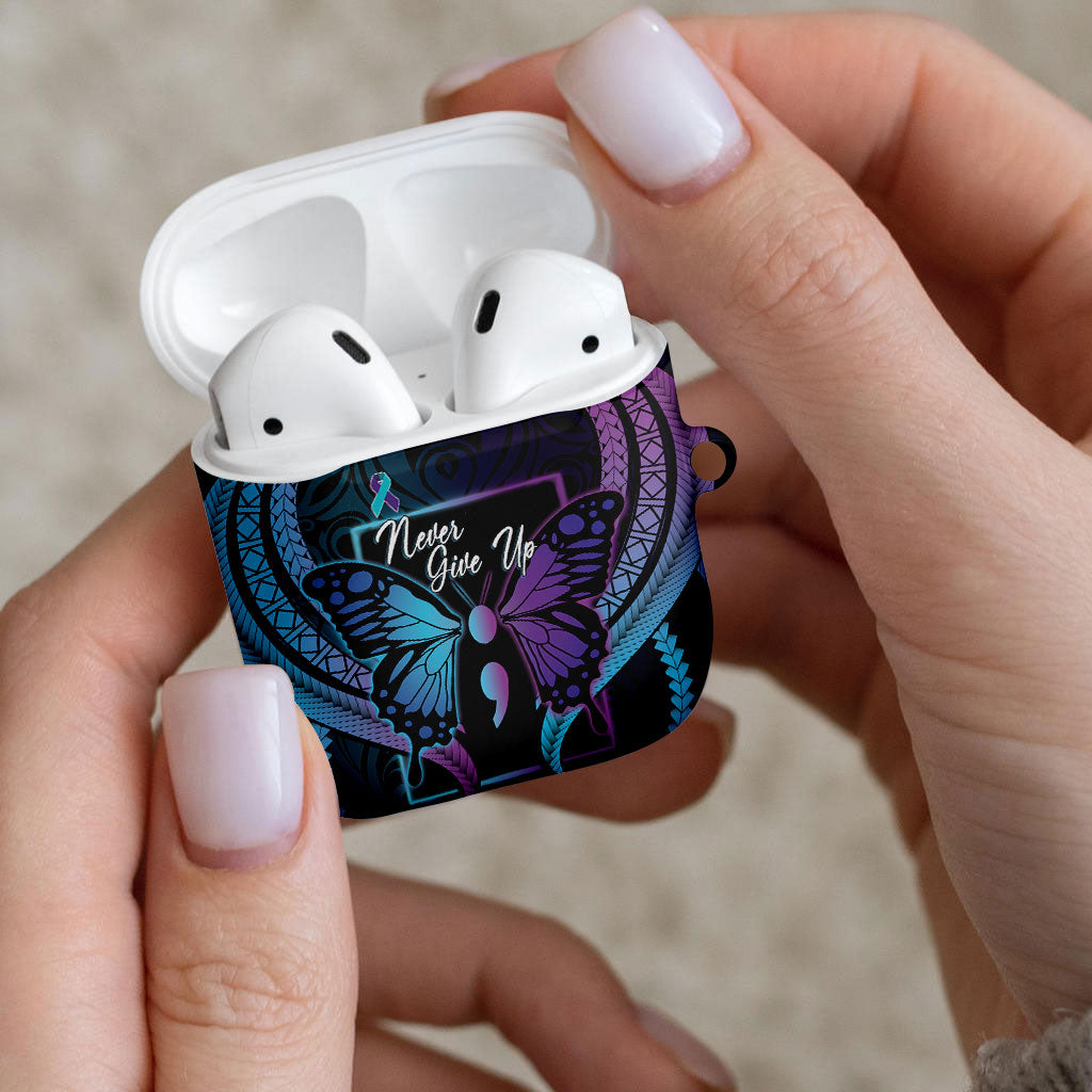 Polynesia Suicide Prevention Month AirPods Case Semicolon Butterfly Never Give Up Polynesian Pattern LT22 - Polynesian Pride