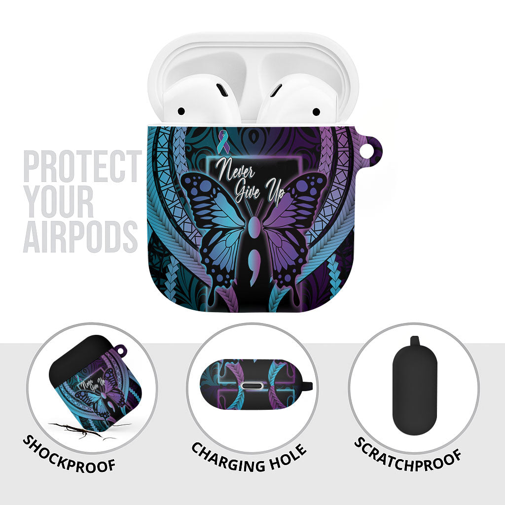 Polynesia Suicide Prevention Month AirPods Case Semicolon Butterfly Never Give Up Polynesian Pattern LT22 - Polynesian Pride