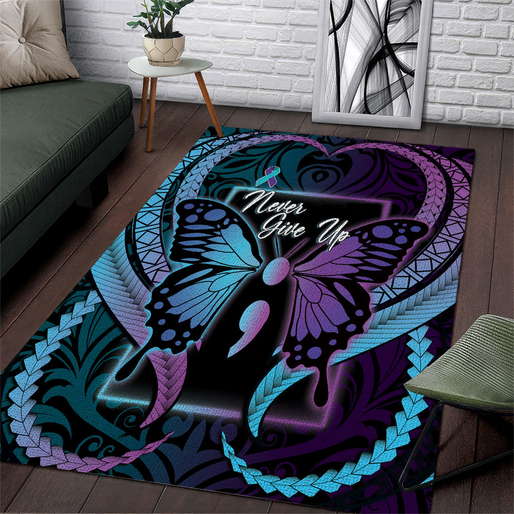 Polynesia Suicide Prevention Month Area Rug Semicolon Butterfly Never Give Up Polynesian Pattern LT22 Teal - Polynesian Pride