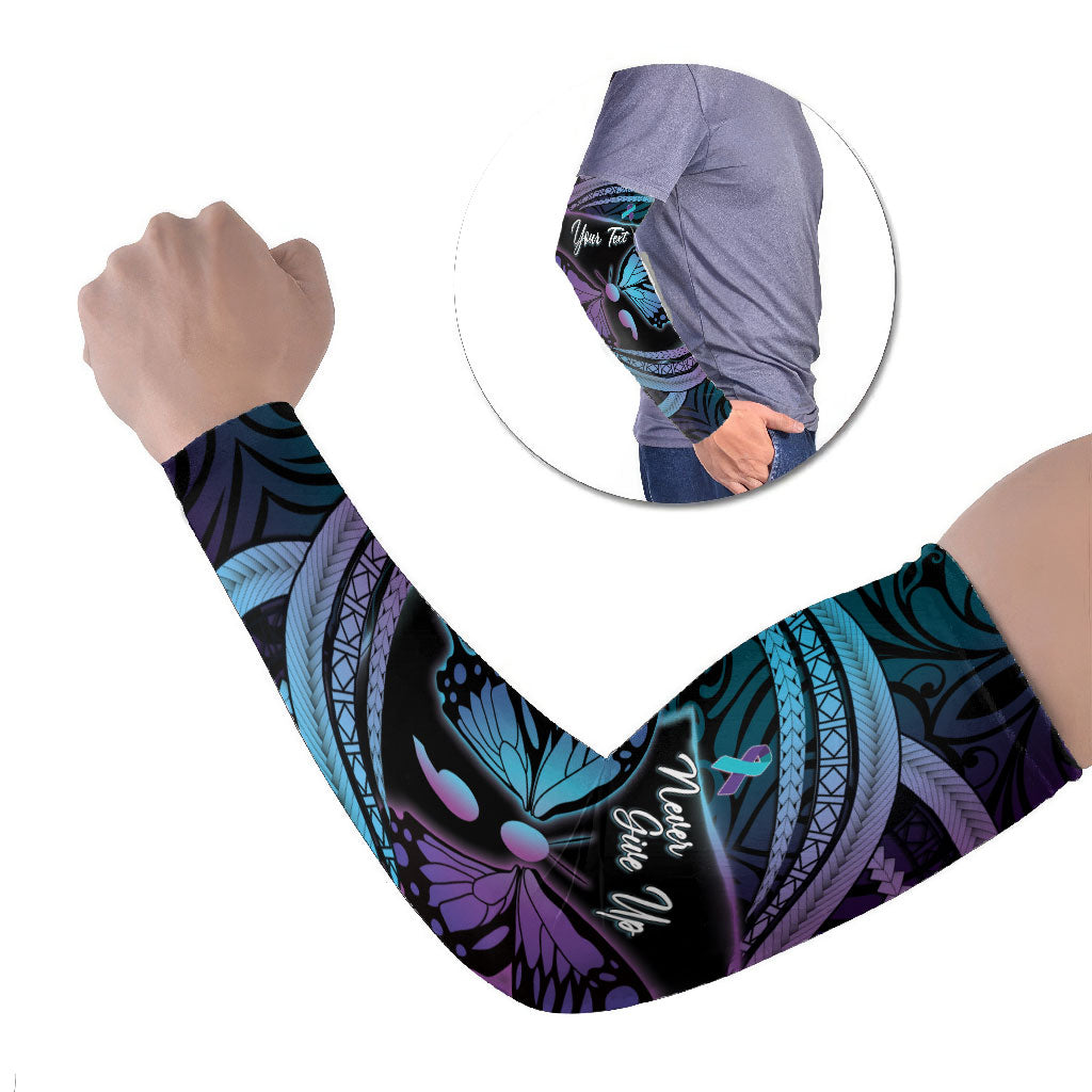 Personalised Polynesia Suicide Prevention Month Arm Sleeves Semicolon Butterfly Never Give Up Polynesian Pattern LT22 Set of 2 Teal - Polynesian Pride