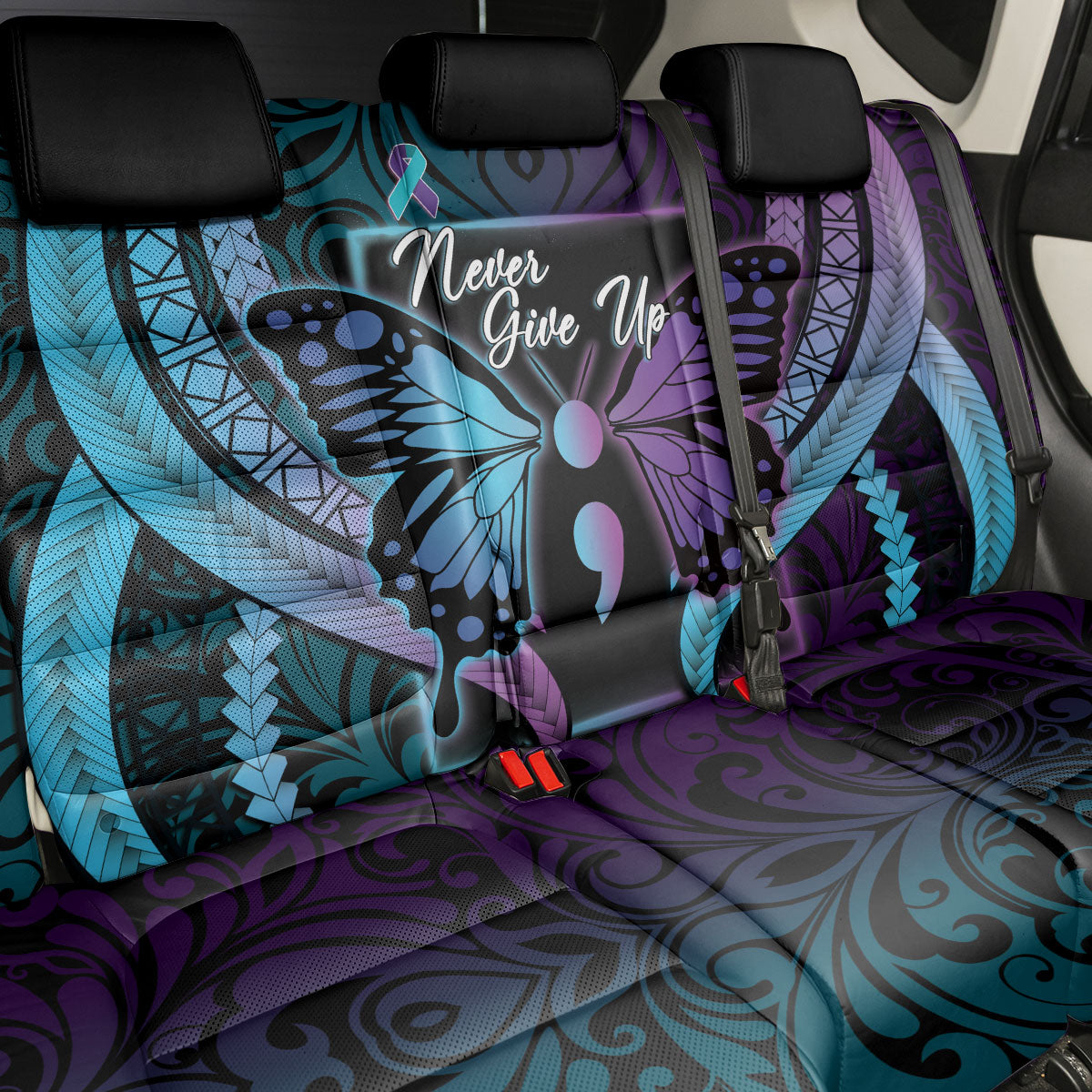 Polynesia Suicide Prevention Month Back Car Seat Cover Semicolon Butterfly Never Give Up Polynesian Pattern LT22 - Polynesian Pride