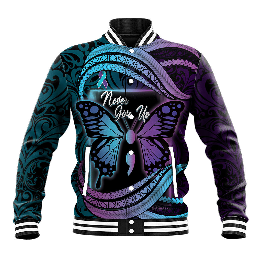Personalised Polynesia Suicide Prevention Month Baseball Jacket Semicolon Butterfly Never Give Up Polynesian Pattern LT22 Unisex Teal - Polynesian Pride