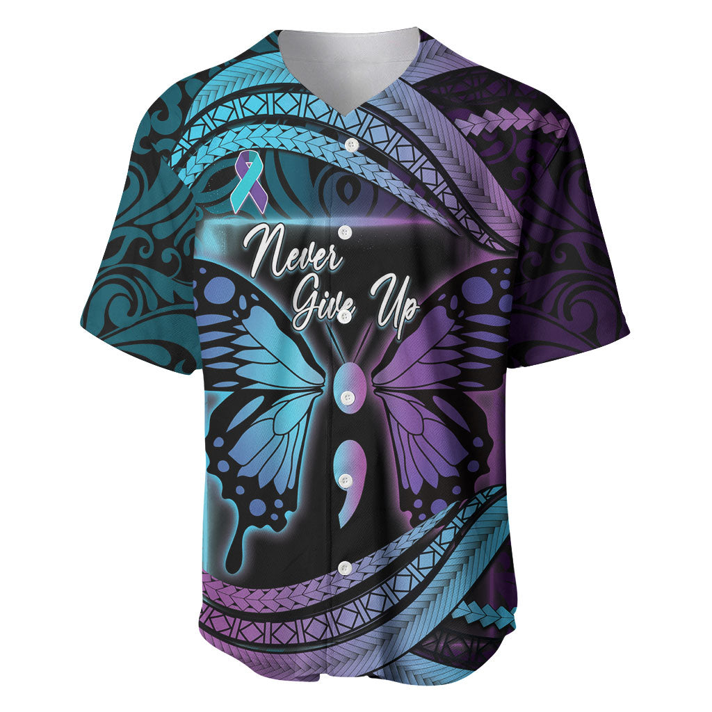 Personalised Polynesia Suicide Prevention Month Baseball Jersey Semicolon Butterfly Never Give Up Polynesian Pattern LT22 Teal - Polynesian Pride