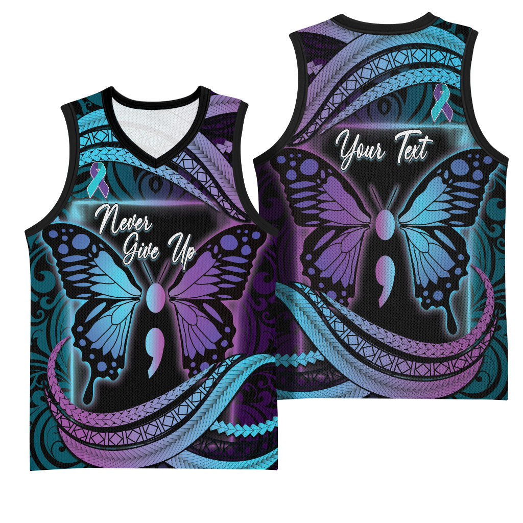 Personalised Polynesia Suicide Prevention Month Basketball Jersey Semicolon Butterfly Never Give Up Polynesian Pattern LT22 - Polynesian Pride