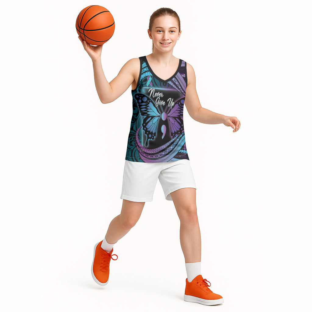 Personalised Polynesia Suicide Prevention Month Basketball Jersey Semicolon Butterfly Never Give Up Polynesian Pattern LT22 - Polynesian Pride