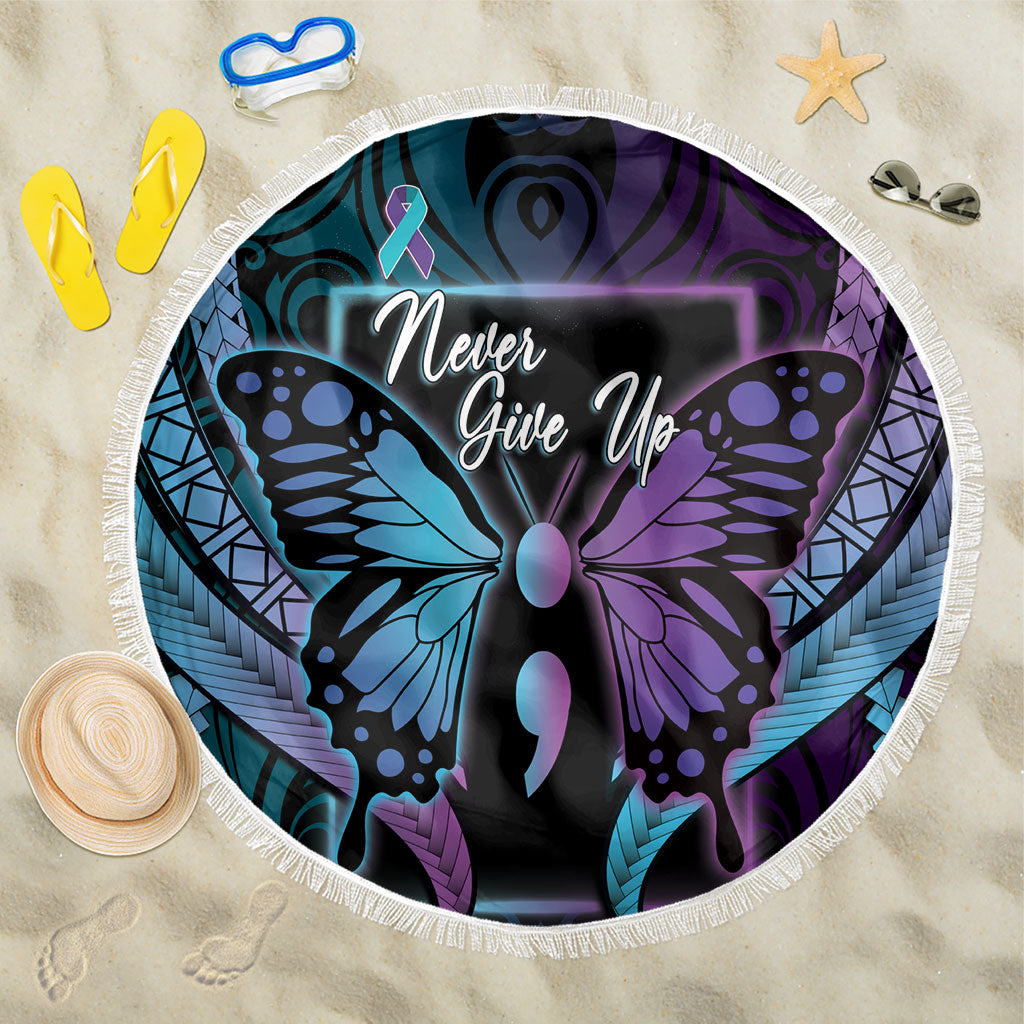 Polynesia Suicide Prevention Month Beach Blanket Semicolon Butterfly Never Give Up Polynesian Pattern