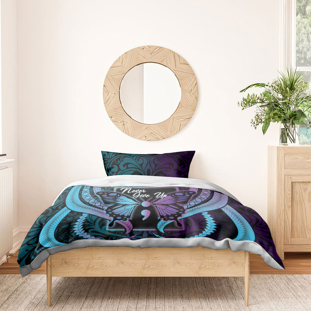 Polynesia Suicide Prevention Month Bedding Set Semicolon Butterfly Never Give Up Polynesian Pattern LT22 - Polynesian Pride