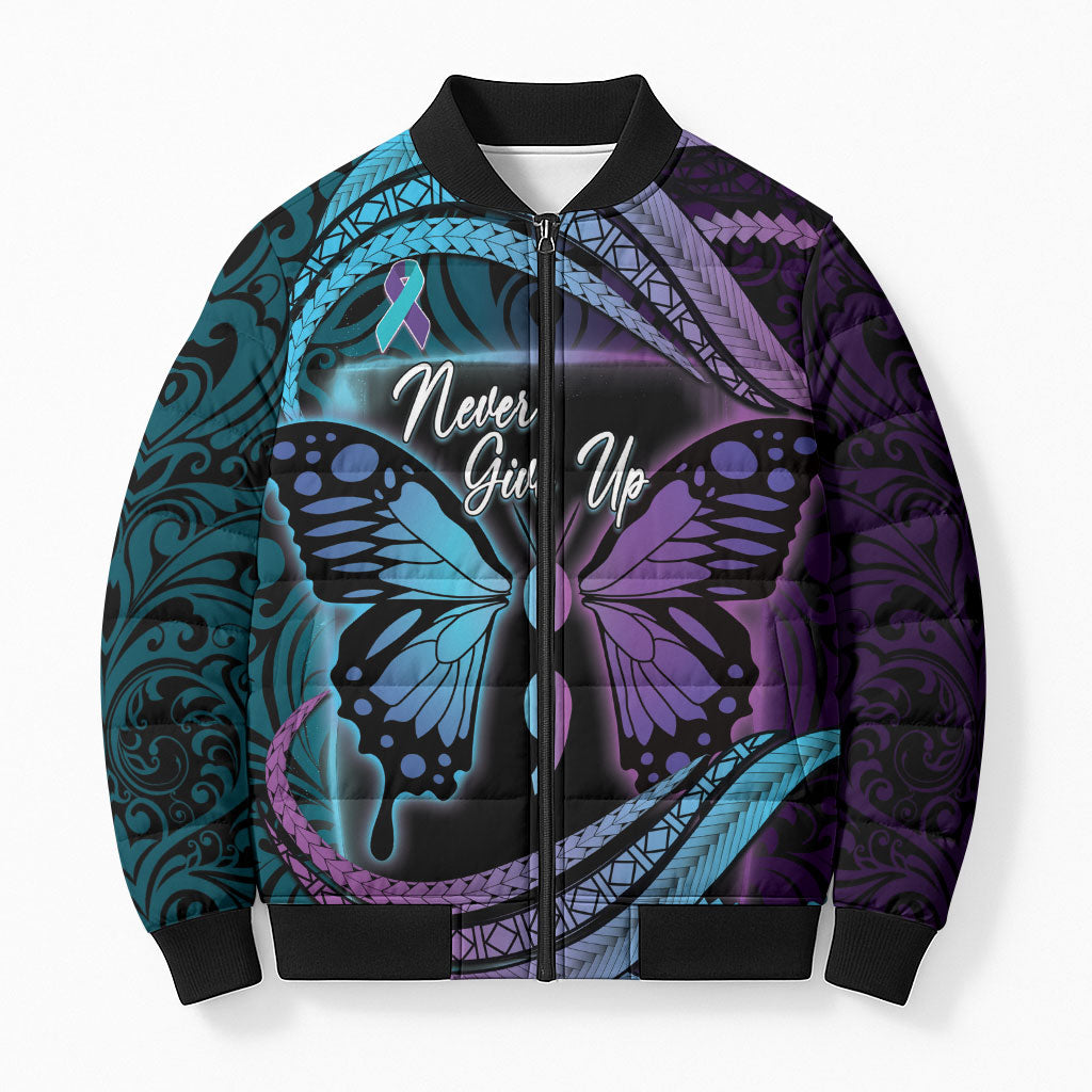 Personalised Polynesia Suicide Prevention Month Bomber Puffer Jacket Semicolon Butterfly Never Give Up Polynesian Pattern