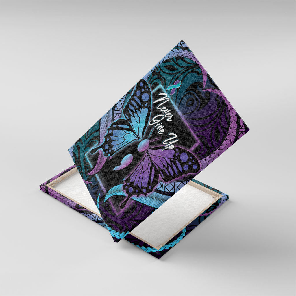 Polynesia Suicide Prevention Month Canvas Wall Art Semicolon Butterfly Never Give Up Polynesian Pattern LT22 With Frame Teal - Polynesian Pride