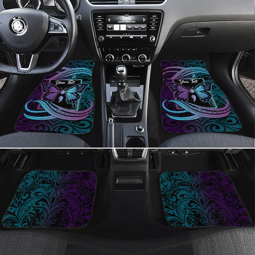 Personalised Polynesia Suicide Prevention Month Car Mats Semicolon Butterfly Never Give Up Polynesian Pattern